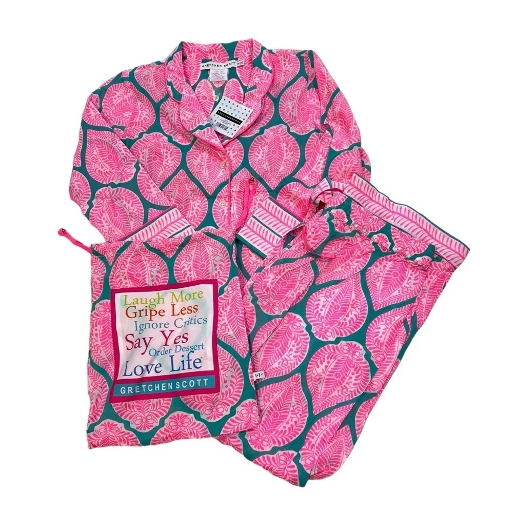 Gretchen Scott Pajamas Teal Pink Indian Summer PJ Set Large New $129 - Picture 2 of 8